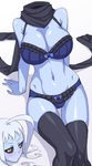 blue_body blue_skin blush bow_panties bow_underwear bra breasts clothing detachable detachable_head female frilly frilly_bra frilly_clothing frilly_panties frilly_underwear hair legwear lingerie monster_girl_(genre) not_furry panties scarf simple_background sitting solo thigh_highs underwear white_hair yellow_eyes mimitan_tokage european_mythology irish_mythology monster_musume mythology lala_(monster_musume) dullahan humanoid hi_res