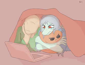 amber_eyes anthro bald biped blue_body blue_clothing blue_scales blue_shirt blue_topwear canon_couple clothed clothing computer crossed_arms duo elbow_feathers electronics eyebrows eyeless female frown green_clothing green_shirt green_topwear grey_hair hair hand_on_cheek hug hugging_object hugging_pillow humanoid_hands laptop long_hair looking_at_screen lying male male/female markings monotone_background on_front pillow pink_background raised_eyebrows scales shirt simple_background text topwear under_covers watching_movie worried hyuvevo cavemanon_studios goodbye_volcano_high ko_op_(game_developer) snoot_game anon_(snoot_game) fang_(gvh) human mammal prehistoric_species pterosaur reptile scalie absurd_res artist_name colored hi_res shaded