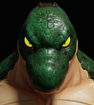 anthro biped black_background front_view green_body green_eyes green_scales intimidation looking_at_viewer male mouth_closed multicolored_body nude scales simple_background solo spots standing tan_body teeth yellow_sclera connivingrat helm_(connivingrat) crocodilian reptile scalie 3d_(artwork) digital_media_(artwork) headshot_portrait hi_res portrait