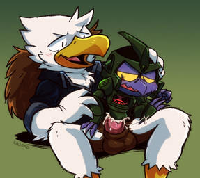 3_toes 4_fingers ambiguous_penetration anthro anthro_on_anthro anthro_penetrated anthro_penetrating armor balls beak black_body blue_clothing blush bodily_fluids bottomless bottomless_anthro bottomless_male brown_body brown_feathers chair_position claws clothed clothing countershading cum cum_inside cum_on_feet cum_while_penetrated duo ejaculation feathers feet fingers footwear from_behind_position gear genital_fluids genitals green_clothing hand_on_head headgear helmet machine male male/male male_penetrated male_penetrating male_penetrating_male ninja on_lap penetration penis pink_penis purple_beak purple_body raised_leg red_eyes sex shin_guards shirt sitting sitting_on_lap size_difference skull_symbol smile spread_legs spreading talons toes tongue topwear tuft warrior white_body white_feathers wings yellow_beak yellow_eyes yellow_legs yellow_sclera conditional_dnp kazoko_(artist) samurai_pizza_cats bad_bird haywood avian bird corvid corvus_(genus) crow oscine passerine robot robot_anthro