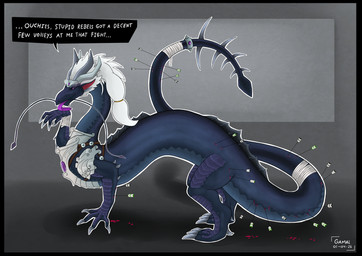 armor arrow_(weapon) bandage bandaged_arm bandaged_tail black_border blood bodily_fluids border claws crown dark_body female feral grand_cathay hair hand_lick headgear horn jewelry long_body pointy_ears purple_body purple_eyes purple_scales ranged_weapon scales solo spiked_tail spikes spikes_(anatomy) tail text thagomizer weapon whiskers white_hair wounded gamal mythology warhammer_(franchise) warhammer_fantasy miao_ying cathay dragon eastern_dragon mythological_creature mythological_scalie scalie english_text hi_res