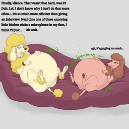 abdominal_bulge accessory anal anal_vore anus belly belly_rub digestion digestion_noises duo fart fart_fetish female female/female feral gassy lying on_back oral_vore pawpads paws profanity soft_vore speech_bubble text vore ashantihyena britni_pike diana_litta_(ashanti) canid canine canis domestic_dog mammal poodle 1:1 absurd_res english_text hi_res