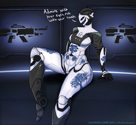 5_fingers biped black_eyes blue_markings bottomless breasts butt clothed clothing crop_top dialogue female fingers front_view genitals glint head_turned looking_at_viewer machine markings medium_breasts metallic_body midriff mostly_nude mouthless noseless not_furry one_leg_up plantigrade pupils raised_leg shirt sitting skimpy solo talking_to_viewer text thick_thighs topwear vulva white_body white_pupils wide_hips runawaystride bungie destiny_(series) destiny_2 ada-1 exo humanoid robot robot_humanoid 2021 cel_shading digital_media_(artwork) english_text full-length_portrait hi_res portrait shaded simple_shading