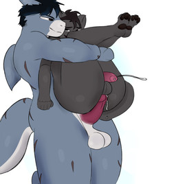 anthro balls bodily_fluids cum duo full_nelson genital_fluids genitals hot_dogging looking_at_another male male/male muscular muscular_anthro muscular_male pawpads satisfied scar scars_all_over sex smile smirk aquatic felid feline fish mammal shark absurd_res hi_res