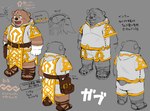 anthro belly bottomwear brown_body brown_fur clothing duo footwear fur gloves green_eyes handwear magic_user male sandals shoes shorts slightly_chubby solo tattoo text white_clothing kita_9999 crave_saga gabu_(crave_saga) bear mammal hi_res japanese_text model_sheet