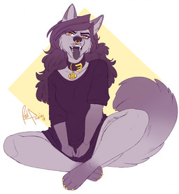 anthro biped bottomless clothed clothing collar facial_piercing female looking_at_viewer nose_piercing open_mouth piercing septum_piercing sitting solo tongue tongue_out redpixie grimm_(dog-witch) canid canine mammal hi_res