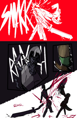 anthro female holding_melee_weapon holding_object holding_shield holding_sword holding_weapon kicking_another melee_weapon shield sword weapon brradett microsoft the_elder_scrolls lernie_(brradett) argonian scalie absurd_res comic hi_res