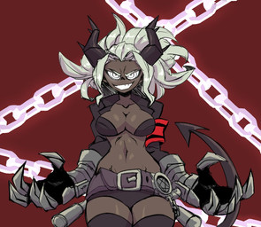 2_horns 5_fingers armband belt black_bottomwear black_clothing black_legwear black_thigh_highs bottomwear breasts brown_body brown_skin chain clothing dark_body dark_skin eyebrows female fingers hair handwear head_horn horn legwear narrowed_eyes occult_symbol pentagram red_background simple_background smile solo spade_tail suit_jacket symbol tail thigh_highs white_eyebrows white_eyes white_hair mechapen helltaker judgement_(helltaker) demon demon_humanoid humanoid 2020