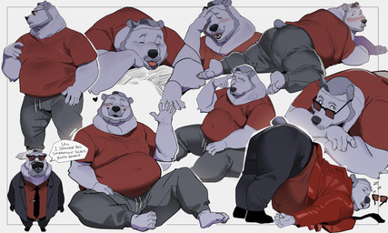 anthro ass_up beard clothed clothing eyewear facial_hair fur glasses hair male multiple_poses overweight overweight_male pose sleeping solo surgical_suture tail lewalrus death_stranding deadman_(death_stranding) bear mammal polar_bear ursine hi_res