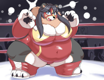 anthro arena belly belly_overhang black_body black_fur black_hair black_nose black_pawpads blue_eyes boots breasts claws clothing crowd female fighting_ring footwear fur group hair latex long_hair multicolored_body multicolored_ears musclegut muscular navel obese obese_anthro obese_female overweight overweight_anthro overweight_female pawpads pose shoes smile smiling_at_viewer solo tan_body tan_fur tuft white_body white_fur wrestler wrestling homemosaco ina_(homemosaco) bear black_bear mammal ursine absurd_res hi_res