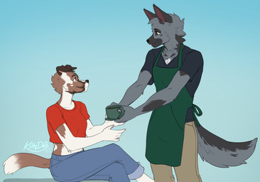 5_fingers anthro apron biped bottomwear breasts brown_body brown_eyes brown_fur brown_tail claws clothed clothed_anthro clothed_female clothed_male clothing countershade_torso countershading denim denim_bottomwear denim_clothing duo eye_contact female finger_claws fingers fully_clothed fully_clothed_anthro fully_clothed_female fully_clothed_male fur grey_body grey_fur grey_tail handpaw holding_coffee_mug jeans looking_at_another male open_mouth open_smile pants paws shirt simple_background sitting smile standing t-shirt tail tongue topwear kittydee canid canine canis domestic_dog mammal 2025 digital_media_(artwork) hi_res