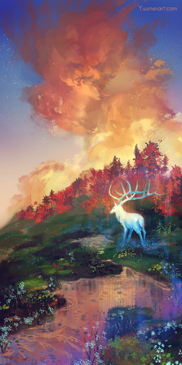 antlers cloud feral flower fur grass horn lake leaf male plant quadruped sky solo star starry_sky text tree white_body white_fur yuumei cervine deer elk ghost mammal spirit 1:2 hi_res url watermark