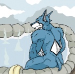 anthro biceps blue_body blue_fur detailed_background fur male muscular muscular_anthro muscular_male outside sky solo water thegreatmatsutzu power_rangers doggie_kruger canid canine canis domestic_dog mammal 2009 low_res