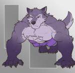 2018 abs absurd_res anthro biceps big_muscles blue_eyes bodily_fluids body_writing bottomwear bulge canid canine canis chest_tuft claws clothed clothing digital_media_(artwork) english_text fur grey_body grey_fur grey_nose hair hi_res male mammal muscular muscular_anthro muscular_male nightterror pecs purple_body purple_fur shorts simple_background solo sweat text text_on_body toe_claws topless triceps tuft wolf writing_on_chest