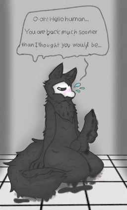 anthro aroused big_butt big_knot big_penis big_tail black_body black_cum black_fur blush blush_lines bodily_fluids bone bone_mask butt caught_in_the_act caught_masturbating colored_cum cum cum_drip dialogue dripping embarrassed erection fluffy fluffy_chest fluffy_ears fluffy_tail fur genital_fluids genitals greeting hand_on_penis kneeling kneeling_on_ground knot knotted_penis looking_away male mask masturbation penis precum precum_drip puddle skull skull_mask slime solo sweat tail text unusual_bodily_fluids unusual_cum unusual_genital_fluids mafoowo changed_(video_game) puro_(changed) canid canine goo_creature mammal english_text hi_res