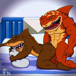 abs anthro bed brown_body butt dorsal_fin duo fin from_behind_position furniture gills looking_at_another male male/male muscular muscular_anthro muscular_male nude_anthro nude_male on_bed open_mouth pecs pillow red_body red_tongue sex tan_body teeth tongue fabfelipe street_sharks jab_(street_sharks) slammu aquatic fish shark 1:1 2026 hi_res brother_(lore) brothers_(lore) incest_(lore) sibling_(lore)
