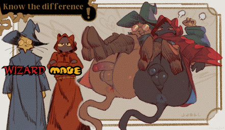 anthro anthro_on_anthro anus balls biped black_balls black_body black_boots black_clothing black_eyebrows black_eyes black_footwear black_fur black_nose black_penis black_tail blue_anus blue_clothing blue_hat blue_headwear blue_robe blush blush_lines bodily_fluids boots brown_balls brown_body brown_fur brown_penis brown_tail butt clothed clothed_anthro clothed_male clothing crossed_arms duo erection eyebrows eyewear fingers flaccid footwear foreskin fur genitals glans glasses glistening glistening_balls glistening_genitalia green_clothing green_hat green_headwear green_robe hat headgear headwear hood hood_up humanoid_genitalia humanoid_penis male male/male male_anthro mismatched_genitalia mismatched_humanoid_penis mismatched_penis multicolored_penis open_mouth partially_retracted_foreskin penis red_anus red_clothing red_glans red_hood red_penis red_robe robe round_glasses shoes standing sweat tail text two_tone_penis wearing_glasses whiskers wizard_hat wizard_robe y_anus yellow_sclera mmaj7 domestic_cat felid feline felis mammal 2026 digital_media_(artwork) english_text hi_res