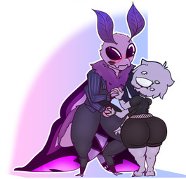 alternative_fashion antennae_(anatomy) anthro arthropod_abdomen big_butt black_lipstick blush butt choker clothed clothing duo fangs fishnet_clothing goth huge_butt jewelry kiss_mark lipstick makeup male male/male mane multi_arm multi_eye multi_limb necklace no_pupils teeth wings websheck websly arachnid arthropod insect lepidopteran moth spider absurd_res hi_res