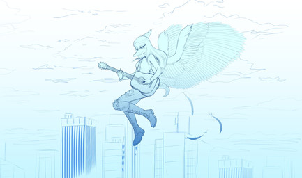 acoustic_guitar anthro biped bone bone_frill boots bottomwear city city_background clothed clothed_anthro clothed_female clothing cloud elbow_feathers feathered_wings feathers female fingers floating footwear frill_(anatomy) guitar hair half-closed_eyes happy holding_guitar holding_musical_instrument holding_object humanoid_hands jewelry knee_boots knee_highs legwear long_hair looking_down markings musical_instrument narrowed_eyes necklace pants playing_guitar playing_music plucked_string_instrument shoes short_tail skull sky smile solo string_instrument striped_markings stripes tail torn_bottomwear torn_clothing torn_pants wings protonmono goodbye_volcano_high ko_op_(game_developer) fang_(gvh) prehistoric_species pterosaur reptile scalie 2023 blue_and_white full-length_portrait hi_res monochrome portrait nonbinary_(lore)