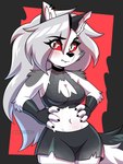 anthro arm_tuft bottomwear breasts cleavage_cutout clothing collarbone crop_top cutout ear_piercing ear_ring elbow_tuft eyebrow_through_hair eyebrows eyelashes female fur glistening grey_body grey_fur grey_hair hair hands_on_hips inner_ear_fluff midriff navel notched_ear piercing ring_piercing shirt shorts shoulder_tuft solo topwear torn_bottomwear torn_clothing torn_shorts translucent translucent_hair tuft white_body white_fur ayuyabo helluva_boss mythology loona_(helluva_boss) canid canid_demon canine demon hellhound mammal mythological_canine mythological_creature 2025 3:4 hi_res