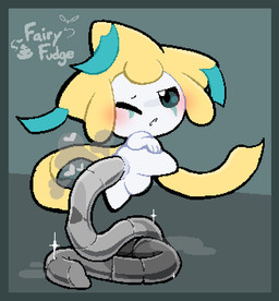 ambiguous_gender anus blue_border blush border butt colored_feces feces feces_pile heart_symbol looking_at_viewer looking_back looking_pleasured metallic_feces null_bulge one_eye_closed one_eye_half-closed open_mouth pooping pooping_on_floor presenting presenting_anus presenting_hindquarters raised_leg rear_view ribbons_(anatomy) scatplay simple_background solo unusual_feces fairyfudge nintendo pokemon generation_3_pokemon jirachi legendary_pokemon pokemon_(species) digital_media_(artwork) signature