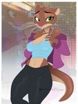 anthro blowup_background bottomwear breasts brown_body brown_fur camel_toe cleavage clothed clothing female fur green_eyes halter_top jacket looking_at_viewer midriff multicolored_body navel pants pose seductive simple_background solo standing thick_thighs tight_clothing topwear two_tone_body whiskers purrynx disney zootopia mrs._otterton lontra mammal mustelid north_american_river_otter otter river_otter hi_res pinup