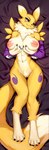 anthro areola big_breasts biped black_sclera blue_eyes breasts claws countershade_fur countershade_torso countershading dakimakura dipstick_tail female fingers fur genitals looking_at_viewer markings nipples pink_areola pink_nipples pussy smile smiling_at_viewer solo tail tail_markings yellow_body yellow_fur krokobyaka bandai_namco digimon canid canine digimon_(species) mammal renamon 2023 dakimakura_design