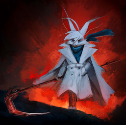 anthro clothing coat floppy_ears fur leg_wraps lop_ears male melee_weapon polearm red_background scarf scythe simple_background solo topwear trenchcoat weapon white_body white_fur wraps thewyvernsweaver last_fables last_fables_(side_stories) rooster_teeth rwby felrum_winterum lagomorph leporid mammal rabbit 2025 absurd_res hi_res