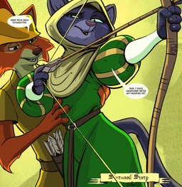 4_fingers anthro arrow_(weapon) belt bow_(weapon) claws clothing dialogue duo eyebrows female fingers forest forest_background green_clothing green_eyes hat_feather headgear headwear holding_bow_(weapon) holding_object holding_ranged_weapon holding_weapon hood how-to instruction loose_feather male narrowed_eyes plant pupils questionable_consent raised_eyebrow ranged_weapon slit_pupils standing tree weapon sir_paulus disney robin_hood_(disney) clorinda_(sir_paulus) robin_hood canid canine canis domestic_cat felid feline felis fox mammal hi_res