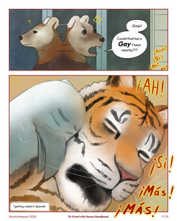 anthro beak border brown_clothing brown_shirt brown_topwear clothing dialogue exclamation_point eyebrows eyes_closed fur glowing_text group heads_together male male/male markings moan open_mouth orange_body orange_fur pink_nose question_mark shirt shocked sound_effects speech_bubble striped_markings stripes topwear trio whisker_spots whiskers white_body white_border sharkinthepark avian bird felid gulonine mammal marten mustelid musteline pantherine tiger 2026 4:5 absurd_res hi_res