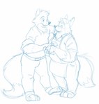 2018 anthro apron bottomwear bravo canid canine clothing disney duo fox gideon_grey hi_res kody_rowan_(character) male male/male mammal overweight overweight_male pants red_fox shirt simple_background sketch topwear true_fox white_background zootopia
