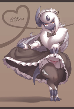 alternative_fashion anthro anthrofied big_claws black_bow black_clothing black_dress blush bottomwear bow_panties bow_underwear brown_background claws clothed clothing clothing_lift colored_edge_panties colored_edge_underwear curvy_figure dress dress_lift feet female goth gothic_lolita hair half-closed_eyes heart_symbol horn hourglass_figure humanoid_face j-fashion kemono legwear lolita_(fashion) long_hair looking_at_viewer maid_headdress maid_uniform narrowed_eyes panties pattern_bottomwear pattern_clothing pattern_panties pattern_underwear pink_clothing pink_panties pink_underwear red_eyes simple_background skirt skirt_lift smile solo standing striped_bottomwear striped_clothing striped_panties striped_underwear stripes tail tail_under_skirt text thigh_highs underwear uniform upskirt white_hair wide_hips zinfyu nintendo pokemon fan_character lute_(zinfyu) absol canid generation_3_pokemon mammal pokemon_(species) 2017 absurd_res dated digital_media_(artwork) full-length_portrait hi_res letterbox portrait shaded signature