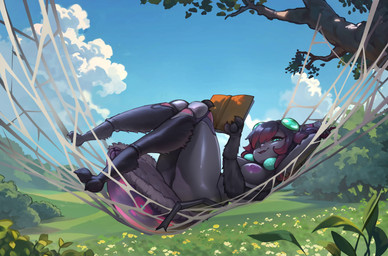 anthro arthropod_abdomen arthropod_abdomen_genitalia arthropod_abdomen_vulva book cloud female fuzzy genitals hammock happy light meadow multi_arm multi_eye multi_limb nude nude_anthro plant relaxing sky skyscape smile solo spider_web spinneret sunlight tree vulva darling_devil gjergji akorzt_the_spider alien alien_humanoid arachnid arthropod humanoid spider absurd_res animated hi_res high_framerate no_sound short_playtime webm