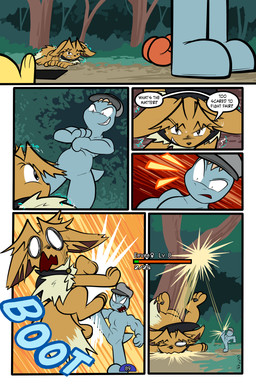 6_panel_comic ambiguous_gender attack biped black_cape black_clothing black_nose black_text blue_body blue_text branch brown_body brown_hair cape clenched_teeth clothing dialogue eyebrows eyelashes feral fluffy fluffy_tail forest gameplay_mechanics grass grin group gui hair hat headgear headwear health_bar inner_ear_fluff kick looking_at_another lying motion_lines multi_tail neck_tuft on_front on_ground one_eye_closed open_mouth open_smile page_number paws plant quadruped question_mark sharp_teeth shrub smile sound_effects speech_bubble standing tail talking_to_another teeth text toony tree tuft wounded yellow_body virmir nintendo pokemon pokemon_mystery_dungeon spike_chunsoft virmir_(character) eevee generation_1_pokemon humanoid pokemon_(species) 2025 2:3 absurd_res comic english_text hi_res signature male_(lore)