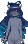 after_transformation anthro blue_eyes blue_hair blush breasts clothing female hair headgear headwear long_hair naturally_censored nude ribbons small_breasts solo surprise text text_on_clothing text_on_headwear toribako touhou shion_yorigami domestic_cat felid feline felis mammal 2018 digital_media_(artwork) japanese_text live2d_cubism_(artwork)