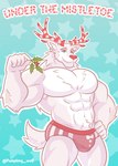 5_fingers abs anthro antlers armpit_tuft biceps blue_eyes bulge butt clothed clothing crotch_tuft eyebrows fingers front_view fur grey_eyebrows hand_on_hip holding_holly holidays holly_(plant) horn inner_ear_fluff looking_at_viewer male male_anthro multicolored_clothing multicolored_horn multicolored_underwear muscular muscular_anthro muscular_male neck_tuft outline pattern_background pecs pink_clothing pink_underwear plant red_clothing red_horn red_nose red_text red_underwear simple_background smile smiling_at_viewer solo striped_antlers striped_horn stripes tail teal_background text topless topless_anthro topless_male tuft two_tone_horn two_tone_text underwear white_body white_clothing white_ears white_fur white_horn white_inner_ear_fluff white_outline white_tail white_text white_underwear pumpking_wolf christmas canid canine canis deer hybrid mammal new_world_deer reindeer wolf 2022 absurd_res artist_name english_text hi_res