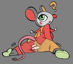 anthro clothing clown female grey_background panties question_mark simple_background solo underwear wardrobe_malfunction soulcentinel class_act mammal mouse murid murine rodent 2024