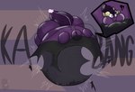 big_butt big_tail black_body bursting butt exclamation_point helium_inflation horn huge_butt huge_tail immobile inflation logo motion_lines onomatopoeia popping puffed_cheeks purple_body purple_eyes sound_effects tail text synful kiwi_(darkelf36) bovid caprine mammal sheep 2022 artist_logo hi_res watermark