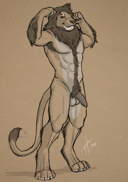 anthro armpit_hair balls body_hair closed_smile erection genitals looking_at_viewer male male_anthro mane mouth_closed muscular muscular_anthro muscular_male nude penile_spines penis pubes simple_background smile solo standing hufnaar felid lion mammal pantherine 2017 absurd_res dated full-length_portrait hi_res monochrome portrait