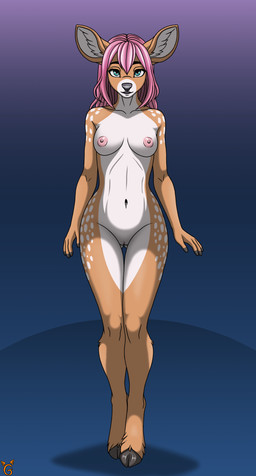 anthro areola bangs big_ears blue_eyes breasts erect_nipples eyelashes female genitals gradient_background hair inner_ear_fluff long_eyelashes long_hair looking_at_viewer medium_breasts multicolored_body navel nipple_dip nipples nude open_mouth pink_areola pink_hair pink_nipples simple_background smile soft_abs solo spots spotted_hips spotted_legs spotted_shoulders spotted_thighs standing teeth tuft vulva walking white_body wide_hips iginger jenny_(iginger) deer mammal 2025 digital_media_(artwork) full-length_portrait hi_res portrait