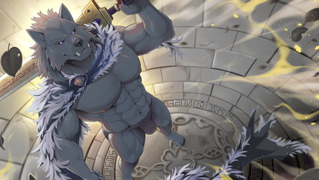abs anthro biceps black_nose bulge cloak clothed clothing fur grey_body grey_fur male melee_weapon muscular muscular_anthro muscular_male navel nipples pecs purple_body solo sword teeth underwear weapon mumu202 elden_ring fromsoftware blaidd_(elden_ring) canid canine canis mammal wolf hi_res