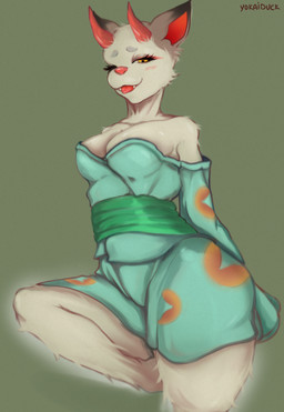 anthro asian_clothing bathrobe clothed clothing east_asian_clothing female fur horn japanese_clothing kimono looking_at_viewer one_eye_closed pink_nose pose red_horn robe smug solo tongue tongue_out white_body white_fur yellow_eyes yukata yokaiduck animal_crossing nintendo shino_(animal_crossing) deer demon mammal absurd_res digital_media_(artwork) hi_res pinup shaded
