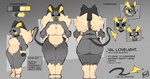 anthro big_breasts breasts female fusion genitals hands_on_hips pokemon_fusion pokemorph pussy resting_bitch_face short_stack solo text thick_thighs woomi_e nintendo pokemon raipunny val_lovelight generation_1_pokemon generation_4_pokemon hybrid lopunny pokemon_(species) raichu absurd_res english_text hi_res model_sheet