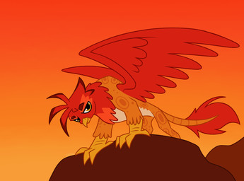 ambiguous_gender angry beak belly feathers feet feral fur gradient_background looking_at_viewer lowered_head markings orange_background orange_body orange_fur red_body red_feathers red_wings rock simple_background smile smirk solo spread_wings standing standing_on_rock talons tan_belly toes wings yellow_beak yellow_talons cyadical hasbro my_little_pony mythology fan_character hotrod_(cyadical) avian gryphon mythological_avian mythological_creature hi_res warm_colors