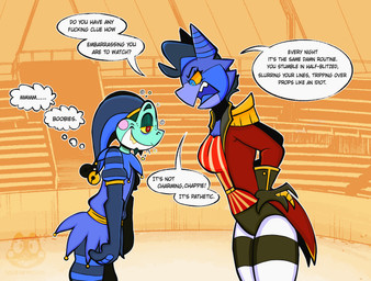 ambiguous_gender breasts circus clothing distracted drunk duo female jester machine piercing profanity speech_bubble substance_intoxication text squeakygears chappie_(squeakygears) knives_(squeakygears) amphibian frog humanoid robot robot_humanoid english_text hi_res