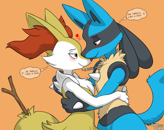 3_fingers anthro arm_tuft blue_body blue_fur cheek_tuft chest_tuft duo facial_tuft female fingers fur hug i_love_you inner_ear_fluff male male/female multicolored_body multicolored_fur object_in_tail orange_body orange_eyes orange_fur orange_nose romantic romantic_couple shoulder_tuft simple_background stick stick_in_tail tail text tuft white_body white_fur yellow_body yellow_fur whyvern nintendo pokemon braixen canid canine generation_4_pokemon generation_6_pokemon lucario mammal pokemon_(species) 2026 dated digital_media_(artwork) hi_res