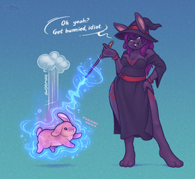 ambiguous_gender anthro barefoot black_clothing black_robe breasts casting_spell clothing dialogue duo feet female feral green_background hair hand_on_hip hat headgear headwear holding_object holding_wand magic magic_user purple_hair robe shrinking simple_background size_transformation smile standing tail text transformation wand witch witch_hat keffotin lagomorph leporid mammal rabbit 2023 digital_media_(artwork) english_text hi_res
