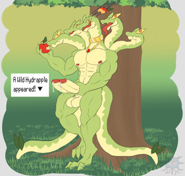 2_penises 2_tails 5_heads anthro anthrofied apple balls bodily_fluids dialogue dripping drooling eating eating_apple eating_food eating_fruit erection food fruit genital_fluids genitals glans humanoid_genitalia humanoid_penis male manly multi_genitalia multi_head multi_penis multi_tail muscular muscular_anthro muscular_male nipples nude penis plant pokemorph precum precum_drip saliva tail tongue tongue_out daikuhiroshiama nintendo pokemon fan_character jomeo generation_9_pokemon hydrapple pokemon_(species) hi_res