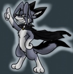 anthro barefoot belly biped black_body black_fur black_tail cape cape_only casual_nudity clenched_teeth clothing digitigrade featureless_crotch feet fluffy fluffy_tail fur gesture gloves_(marking) grey_background grey_body grey_fur grey_hair grey_nose grey_tail hair hand_gesture leg_markings male markings mostly_nude multicolored_body multicolored_fur multicolored_tail nude paws pointing raised_finger raised_index_finger sharp_teeth simple_background smile snout socks_(marking) solo standing tail teeth toony two_tone_tail white_belly white_body white_fur sephyfluff canid canine fox mammal