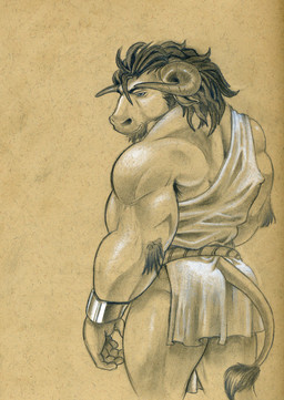 anthro back_muscles bangle barazoku beard biceps butt clothed clothing facial_hair hair horn jewelry looking_aside looking_back male muscular muscular_anthro muscular_male quads rope skimpy solo tail tail_tuft toga triceps tuft tush_(artist) european_mythology greek_mythology mythology kurnak bovid bovine cattle humanoid mammal minotaur 2019 2020 absurd_res hi_res monochrome traditional_media_(artwork) warm_colors yellow_theme